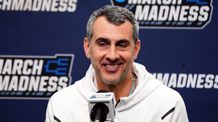 Mar 21, 2024; Memphis, TN, USA; Colgate Raiders head coach Matt Langel speaks with the media during a press conference for the First and Second rounds of the 2024 NCAA Mens Basketball Championship at FedExForum. Mandatory Credit: John David Mercer-Imagn Images