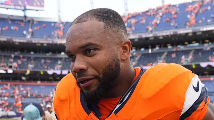 Sep 7, 2025; Denver, Colorado, USA; Denver Broncos running back J.K. Dobbins (27) after the game at Empower Field at Mile High. Mandatory Credit: Ron Chenoy-Imagn Images
