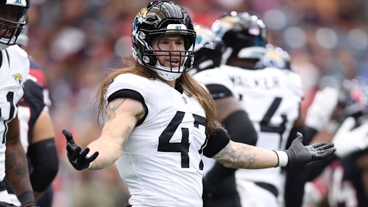 Nov 9, 2025; Houston, Texas, USA; Jacksonville Jaguars linebacker Dennis Gardeck (47) reacts after a defensive play against the Houston Texans during the first half at NRG Stadium. Nov 9, 2025; Houston, Texas, USA; Jacksonville Jaguars linebacker Dennis Gardeck (47) reacts after a defensive play against the Houston Texans during the first half at NRG Stadium.