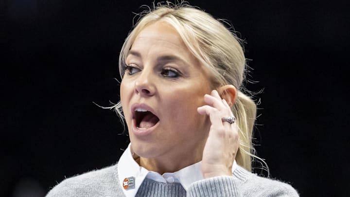Mar 6, 2026; Kansas City, MO, USA; Arizona State head coach Molly Miller reacts to a play against West Virginia during the first half at T-Mobile Center. Mandatory Credit: Nick Tre. Smith-Imagn Images