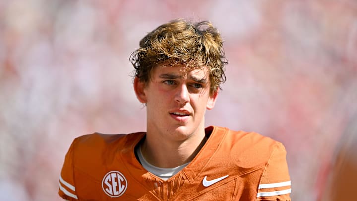 Oct 11, 2025; Dallas, Texas, USA; Texas Longhorns quarterback Arch Manning (16) looks on before the game against the Oklahoma Sooners at the Cotton Bowl. Mandatory Credit: Jerome Miron-Imagn Images Oct 11, 2025; Dallas, Texas, USA; Texas Longhorns quarterback Arch Manning (16) looks on before the game against the Oklahoma Sooners at the Cotton Bowl. Mandatory Credit: Jerome Miron-Imagn Images