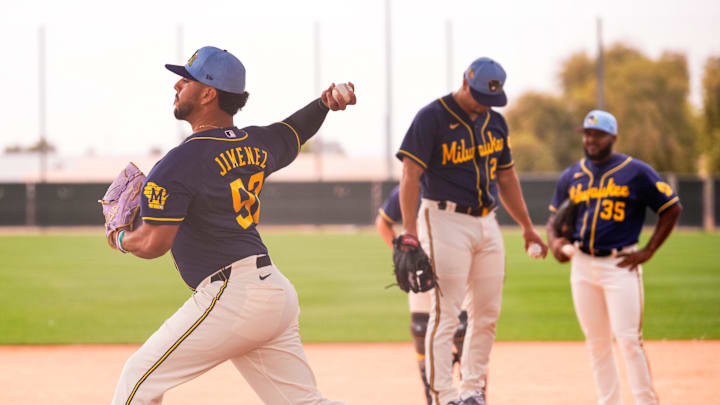 Feb 13, 2026; Phoenix, AZ, USA;  Milwaukee Brewers pitcher Edwin Jimenez at Milwaukee Brewers workouts in Phoenix, Arizona. Mandatory Credit: Arianna Grainey-Imagn Images