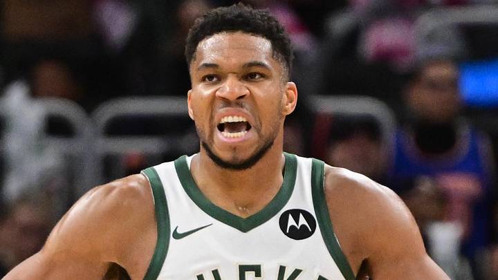 Oct 28, 2025; Milwaukee, Wisconsin, USA;  Milwaukee Bucks forward Giannis Antetokounmpo (34) reacts after scoring a basket in the 3rd quarter against the New York Knicks at Fiserv Forum. Mandatory Credit: Benny Sieu-Imagn Images