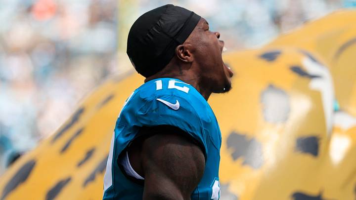 Jacksonville Jaguars wide receiver Travis Hunter (12) is introduced before an NFL football matchup at EverBank Stadium on Sunday, Sept. 13, 2026, in Jacksonville, Fla. The Jaguars defeated the Browns 34-10. [Corey Perrine/Florida Times-Union]