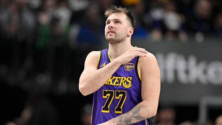 Apr 9, 2025; Dallas, Texas, USA; Los Angeles Lakers guard Luka Doncic (77) in action during the game between the Dallas Mavericks and the Los Angeles Lakers at American Airlines Center. Mandatory Credit: Jerome Miron-Imagn Images