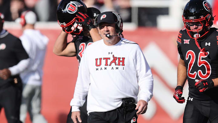 Utah Utes head coach Kyle Whittingham checks the clock during the first half of the game against the Kansas State Wildcats at Rice-Eccles Stadium.