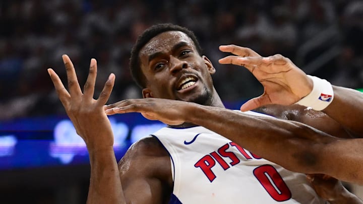 May 11, 2026; Cleveland, Ohio, USA; Cleveland Cavaliers guard James Harden (1) knocks the ball away from Detroit Pistons center Jalen Duren (0): Ken Blaze-Imagn Images