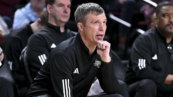 Texas A&M Aggies head coach Bucky McMillan looks on during the second half against the Missouri Tigers at Reed Arena. Texas A&M Aggies head coach Bucky McMillan looks on during the second half against the Missouri Tigers at Reed Arena.