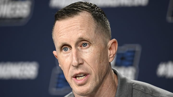 Mar 19, 2026; San Diego, CA, USA; Cal Baptist head coach Rick Croy speaks at a press conference ahead of the first round of the men's 2026 NCAA Tournament at Viejas Arena. Mandatory Credit: Denis Poroy-Imagn Images