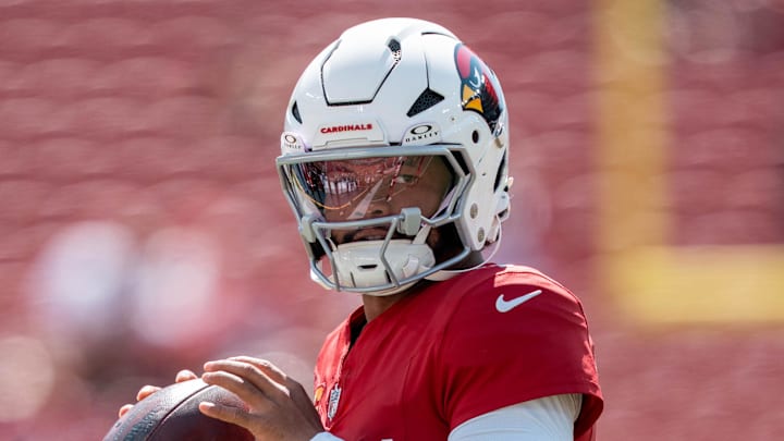 September 21, 2025; Santa Clara, California, USA; Arizona Cardinals quarterback Kyler Murray (1) warms up before the game against the San Francisco 49ers at Levi's Stadium. Mandatory Credit: Kyle Terada-Imagn Images
