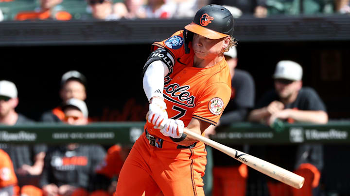 May 17, 2025; Baltimore, Maryland, USA; Baltimore Orioles second baseman Jackson Holliday (7) hits a ground rule double during the first inning against the Washington Nationals at Oriole Park at Camden Yards.