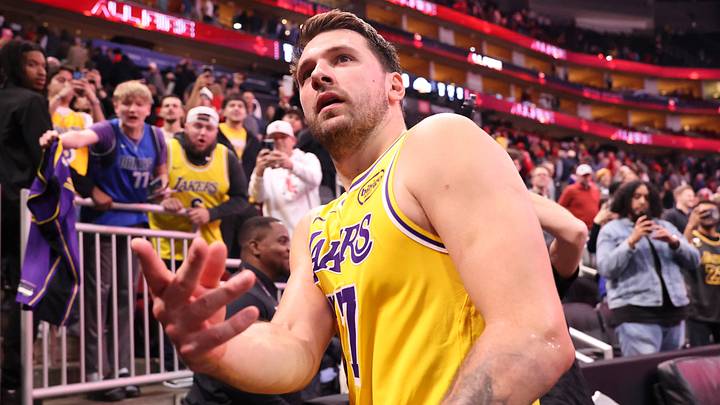 Mar 16, 2026; Houston, Texas, USA; Los Angeles Lakers guard Luka Doncic (77) throws a wrist band into the crowd after the game against the Houston Rockets at Toyota Center. Mandatory Credit: Troy Taormina-Imagn Images