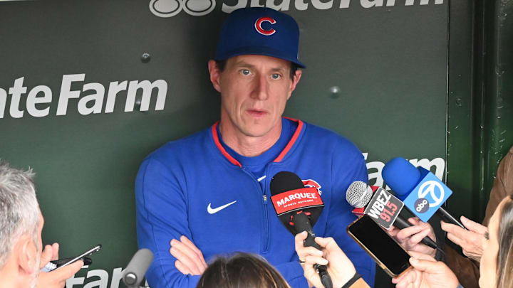 May 27, 2025; Chicago, Illinois, USA; Chicago Cubs manager Craig Counsell is interviewed by reporters prior to a game against the Colorado Rockies at Wrigley Field. Mandatory Credit: Patrick Gorski-Imagn Images