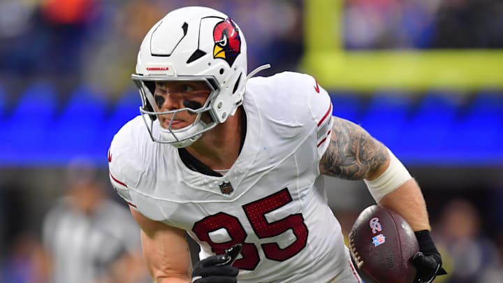Jan 4, 2026; Inglewood, California, USA;  Arizona Cardinals tight end Trey McBride (85) runs after the catch against the Los Angeles Rams during the first half at SoFi Stadium. Mandatory Credit: Gary A. Vasquez-Imagn Images