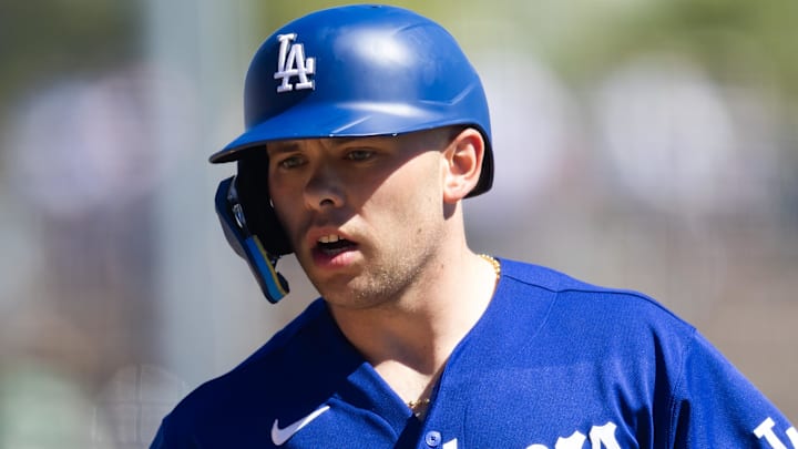 Mar 4, 2026; Glendale, AZ, USA; Los Angeles Dodgers catcher Dalton Rushing against Team Mexico during a spring training game at Camelback Ranch. Mandatory Credit: Mark J. Rebilas-Imagn Images