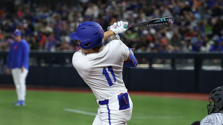 Florida Gators first baseman Brendan Lawson, seen here taking an at-bat in the season-opener against Air Force, hit a grand slam in the team's win over Dayton.