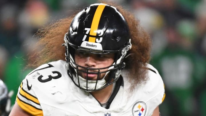 Dec 15, 2024; Philadelphia, Pennsylvania, USA; Pittsburgh Steelers guard Isaac Seumalo (73) against the Philadelphia Eagles at Lincoln Financial Field. Mandatory Credit: Eric Hartline-Imagn Images