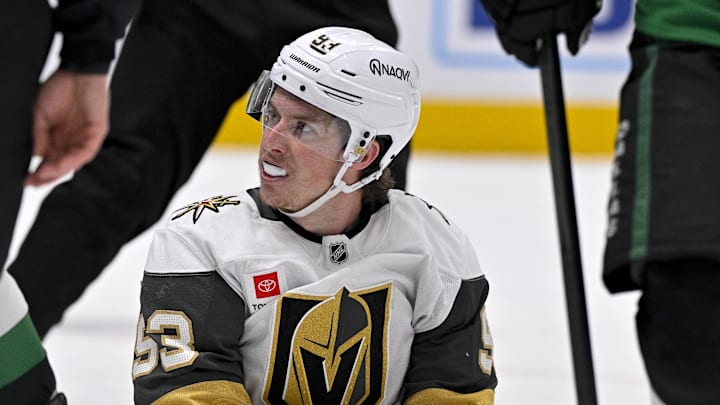 Mar 22, 2026; Dallas, Texas, USA; Vegas Golden Knights right wing Mitch Marner (93) looks on from the ice during the first period against the Dallas Stars at the American Airlines Center. Mandatory Credit: Jerome Miron-Imagn Images