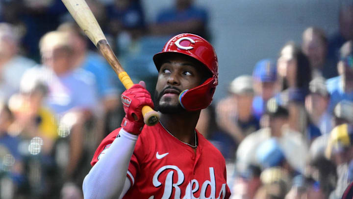 Sep 28, 2025; Milwaukee, Wisconsin, USA; Cincinnati Reds designated hitter Miguel Andujar (38) reacts after striking out in the first inning against the Milwaukee Brewers at American Family Field. Mandatory Credit: Benny Sieu-Imagn Images