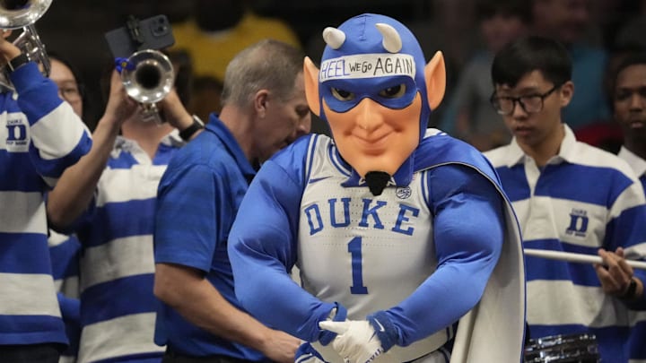 Mar 28, 2025; Birmingham, AL, USA; The Duke Blue Devils mascot strikes a pose during the game against the North Carolina Tar Heels at Legacy Arena. Mandatory Credit: Gary Cosby Jr.-USA Today Network via Imagn Images