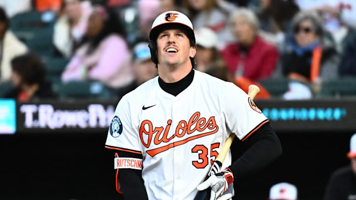 Apr 17, 2025; Baltimore, Maryland, USA; Baltimore Orioles catcher Adley Rutschman (35) looks toward the crowd after a called strike during the third inning against the Cleveland Guardians at Oriole Park at Camden Yards. Apr 17, 2025; Baltimore, Maryland, USA; Baltimore Orioles catcher Adley Rutschman (35) looks toward the crowd after a called strike during the third inning against the Cleveland Guardians at Oriole Park at Camden Yards.