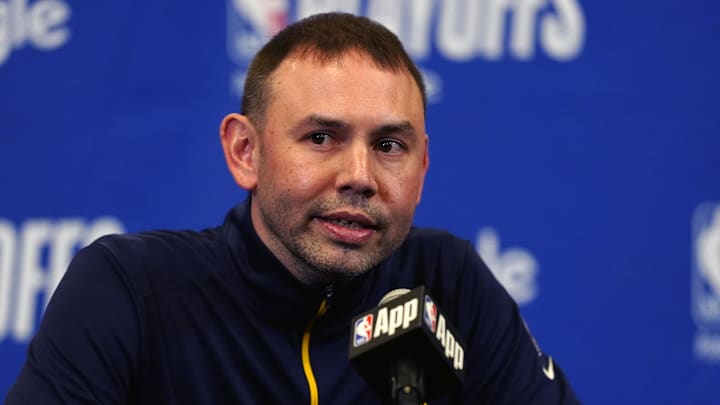 May 9, 2025; Denver, Colorado, USA; Denver Nuggets interim head coach David Adelman speaks before the game against the Oklahoma City Thunder during game three of the second round for the 2025 NBA Playoffs at Ball Arena. Mandatory Credit: Ron Chenoy-Imagn Images