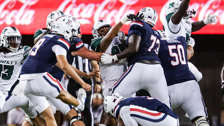 Aug 30, 2025; Tucson, Arizona, USA; Arizona Wildcats kicker Michael Salgado-Medina (19) kicks a 52-yard field goal during the fourth quarter of the game against the Hawaii Rainbow Warriors at Arizona Stadium. Mandatory Credit: Aryanna Frank-Imagn Images