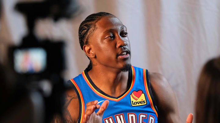 Jalen Williams (8) during the Thunder Media Day for the 25-26 NBA season at the Paycom Center Monday, Sept. 29, 2025. Jalen Williams (8) during the Thunder Media Day for the 25-26 NBA season at the Paycom Center Monday, Sept. 29, 2025.