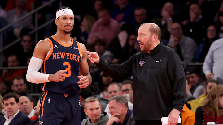 Dec 3, 2024; New York, New York, USA; New York Knicks head coach Tom Thibodeau talks to guard Josh Hart (3) during the third quarter against the Orlando Magic at Madison Square Garden. Mandatory Credit: Brad Penner-Imagn Images