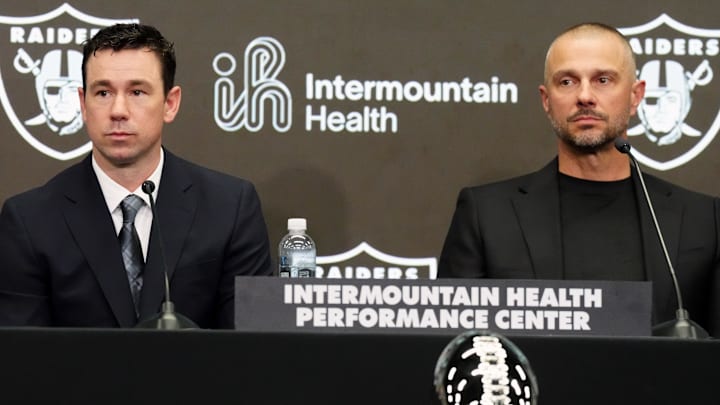 Feb 10, 2026; Henderson, NV, USA;  Las Vegas Raiders coach Klint Kubiak (left) and general manager John Spytek at introductory press conference at Intermountain Health Performance Center. Mandatory Credit: Kirby Lee-Imagn Images