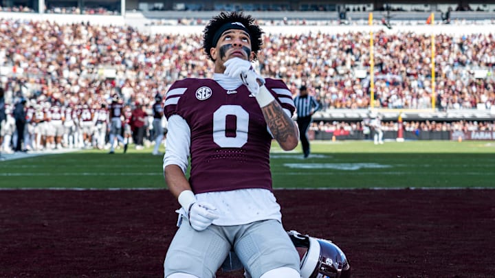 Mississippi State wide receiver Brenen Thompson (0) looks to the sky before a college football game between Mississippi State and Ole Miss at Davis Wade Stadium in Starkville, Miss., on Friday, Nov. 28, 2025. Ole Miss defeated Mississippi State 38-19 in the Egg Bowl.
