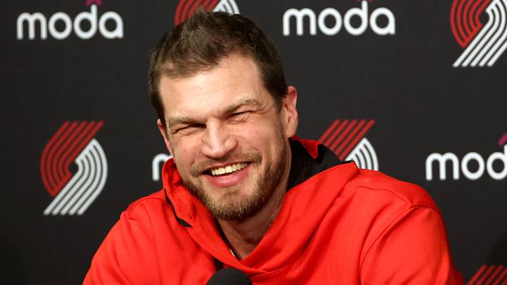 Feb 9, 2026; Portland, Oregon, USA; Portland Trail Blazers Interim Head Coach Tiago Splitter reacts during a press before the Traill Blazers play against Philadelphia 76ers at Moda Center. Mandatory Credit: Jaime Valdez-Imagn Images