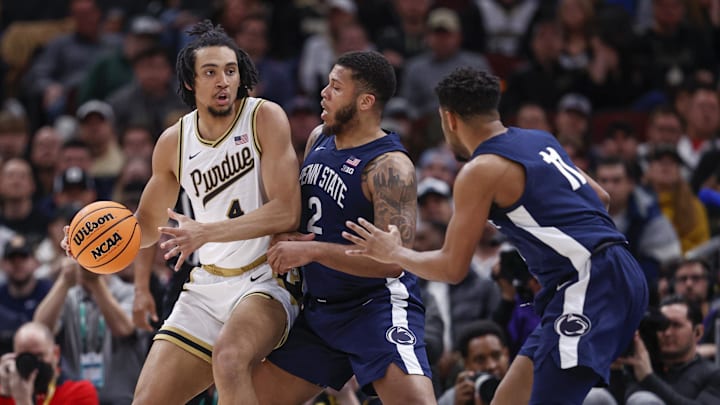 Penn State guard Myles Dread (2) defends against Purdue forward Trey Kaufman-Renn (4) in the Big Ten Tournament. Penn State guard Myles Dread (2) defends against Purdue forward Trey Kaufman-Renn (4) in the Big Ten Tournament.