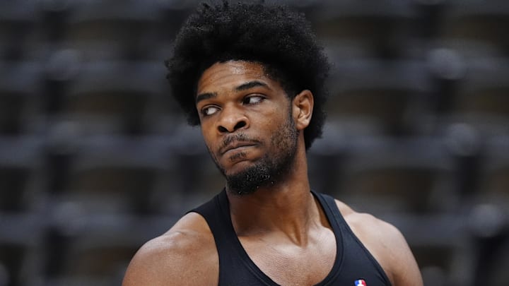 Mar 22, 2026; Denver, Colorado, USA; Portland Trail Blazers guard Scoot Henderson (00) before the game against the Denver Nuggets at Ball Arena. Mandatory Credit: Ron Chenoy-Imagn Images