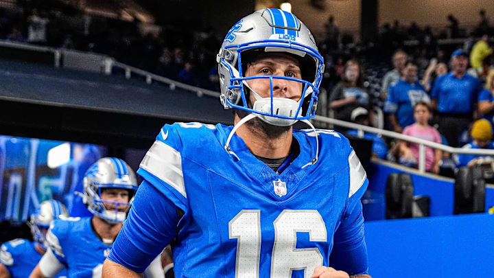 Detroit Lions quarterback Jared Goff (16) takes the field for practice ahead the Houston Texans game at Ford Field in Detroit on Saturday, August 23, 2025.