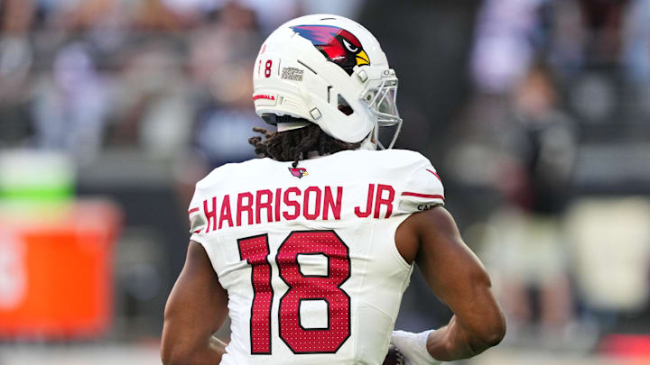 Dec 21, 2025; Glendale, Arizona, USA;  Arizona Cardinals wide receiver Marvin Harrison Jr. (18) on the field during warm ups prior to a game against the Atlanta Falcons at State Farm Stadium. Mandatory Credit: Joe Camporeale-Imagn Images