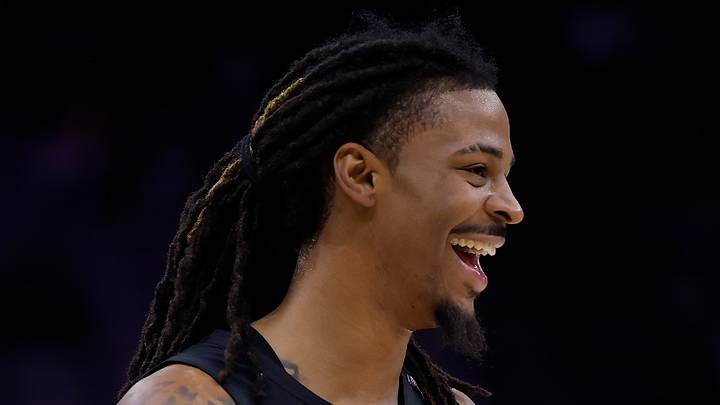 Oct 13, 2026; Sacramento, California, USA; Portland Trail Blazers guard Ja Morant (1) smiles after a play against the Sacramento Kings during the second quarter at Golden 1 Center. Mandatory Credit: Kelley L Cox-Imagn Images