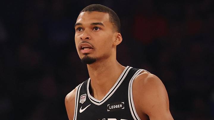 Jun 8, 2026; New York, New York, USA; San Antonio Spurs forward Victor Wembanyama (1) looks on during game three of the 2026 NBA Finals against the New York Knicks in the first quarter at Madison Square Garden. Mandatory Credit: Geoff Burke-Imagn Images