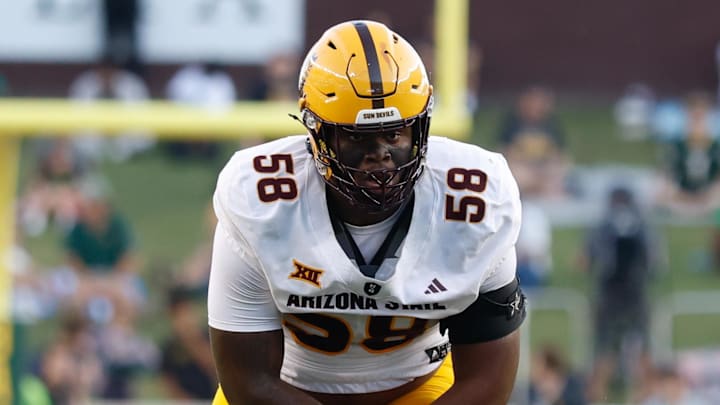 Sep 20, 2025; Waco, Texas, USA; Arizona State Sun Devils offensive lineman Max Iheanachor (58) in action against the Baylor Bears during the first half at McLane Stadium. Mandatory Credit: Chris Jones-Imagn Images Sep 20, 2025; Waco, Texas, USA; Arizona State Sun Devils offensive lineman Max Iheanachor (58) in action against the Baylor Bears during the first half at McLane Stadium. Mandatory Credit: Chris Jones-Imagn Images