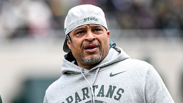 Michigan State's wide receivers coach Courtney Hawkins, left, and cornerbacks coach Demetrice Martin look on during the Spring Showcase on Saturday, April 20, 2024, at Spartan Stadium in East Lansing.
