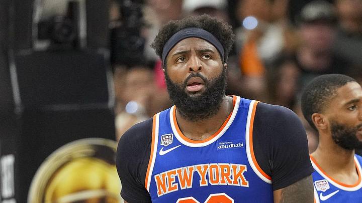 Jun 5, 2026; San Antonio, Texas, USA; New York Knicks center Mitchell Robinson (23) and guard Mikal Bridges (25) look on in the second quarter during game two of the 2026 NBA Finals at Frost Bank Center. Mandatory Credit: Scott Wachter-Imagn Images