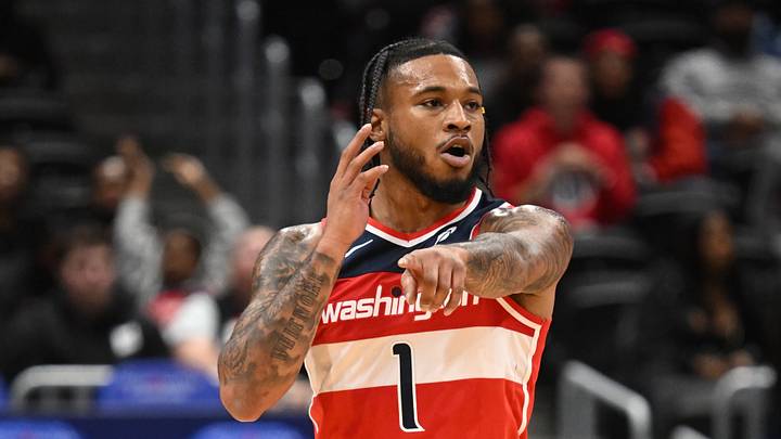 Oct 26, 2025; Washington, District of Columbia, USA; Washington Wizards forward Cam Whitmore (1) reacts after a play against the Charlotte Hornets during the first quarter at Capital One Arena. Oct 26, 2025; Washington, District of Columbia, USA; Washington Wizards forward Cam Whitmore (1) reacts after a play against the Charlotte Hornets during the first quarter at Capital One Arena.