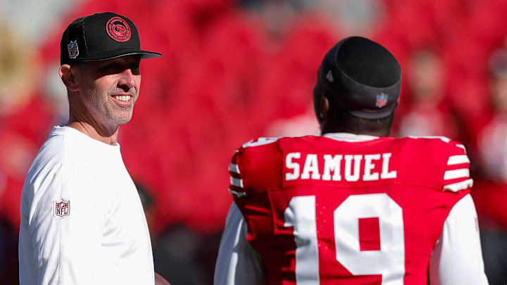 San Francisco 49ers head coach Kyle Shanahan and wide receiver Deebo Samuel (19)