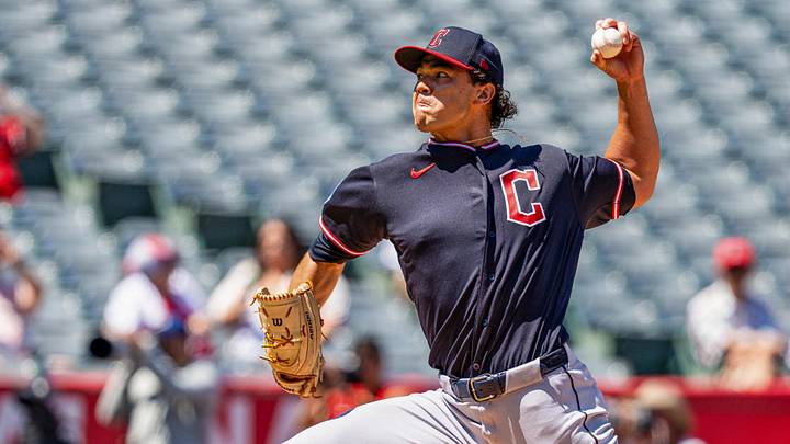 Aug 26, 2026; Anaheim, California, USA;  Cleveland Guardians pitcher Joey Cantillo (54) throws in the second inning against the Los Angeles Angels at Angel Stadium.  Mandatory Credit: Jon Endow-Imagn Images