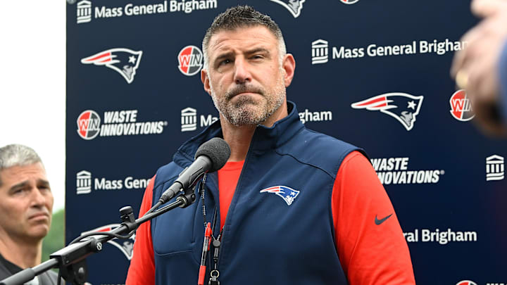 Jun 9, 2025; Foxborough, MA, USA; New England Patriots head coach Mike Vrabel holds a press conference before minicamp at Gillette Stadium. Mandatory Credit: Eric Canha-Imagn Images