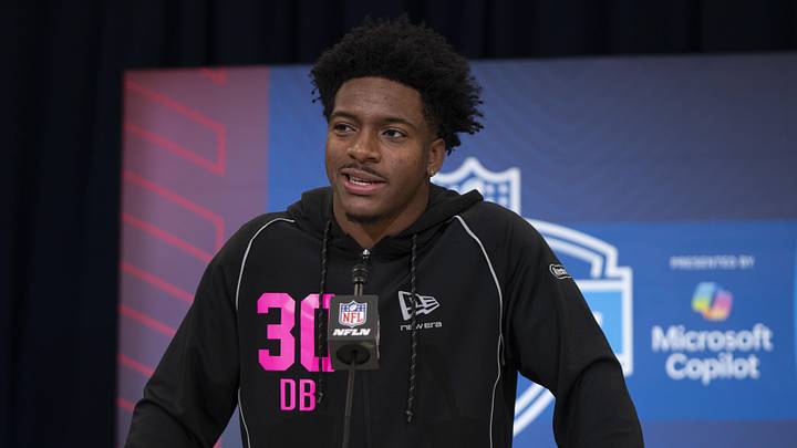 Feb 26, 2026; Indianapolis, IN, USA; Toledo defensive back Avery Smith (DB30) speaks to members of the media during the NFL Combine at the Indiana Convention Center. Mandatory Credit: Jacob Musselman-Imagn Images Feb 26, 2026; Indianapolis, IN, USA; Toledo defensive back Avery Smith (DB30) speaks to members of the media during the NFL Combine at the Indiana Convention Center. Mandatory Credit: Jacob Musselman-Imagn Images
