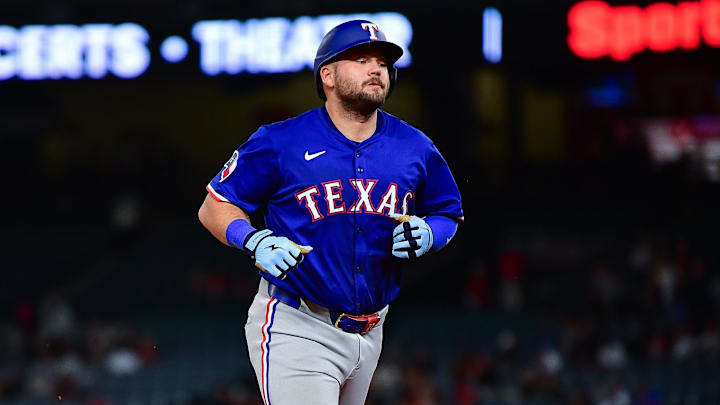 Jul 8, 2025; Anaheim, California, USA; Texas Rangers first baseman Jake Burger (21) runs the bases after hitting a solo home run against the Los Angeles Angels during the seventh inning at Angel Stadium. Jul 8, 2025; Anaheim, California, USA; Texas Rangers first baseman Jake Burger (21) runs the bases after hitting a solo home run against the Los Angeles Angels during the seventh inning at Angel Stadium.