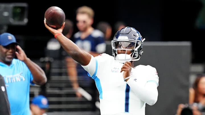 Oct 12, 2025; Paradise, Nevada, USA; Tennessee Titans quarterback Cam Ward (1) warms up before the game against the Las Vegas Raiders at Allegiant Stadium. Mandatory Credit: Stephen R. Sylvanie-Imagn Images Oct 12, 2025; Paradise, Nevada, USA; Tennessee Titans quarterback Cam Ward (1) warms up before the game against the Las Vegas Raiders at Allegiant Stadium. Mandatory Credit: Stephen R. Sylvanie-Imagn Images