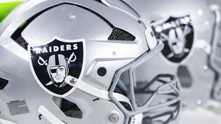 Aug 23, 2025; Glendale, Arizona, USA; Detailed view of a Las Vegas Raiders helmet during a preseason NFL game at State Farm Stadium. Mandatory Credit: Mark J. Rebilas-Imagn Images Aug 23, 2025; Glendale, Arizona, USA; Detailed view of a Las Vegas Raiders helmet during a preseason NFL game at State Farm Stadium. Mandatory Credit: Mark J. Rebilas-Imagn Images