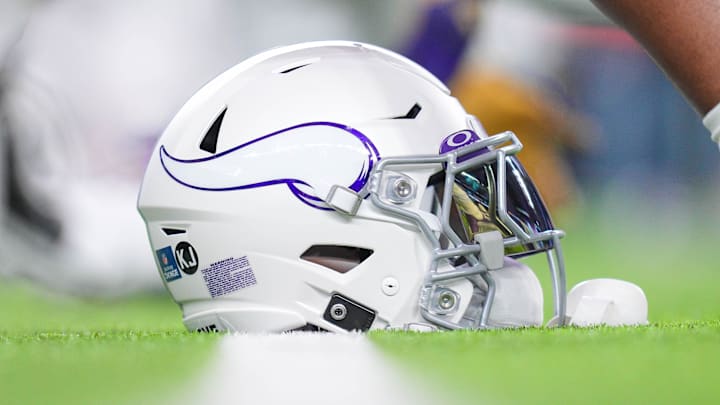 Dec 16, 2024; Minneapolis, Minnesota, USA; Minnesota Vikings Winter Warrior helmet before the game against the Chicago Bears at U.S. Bank Stadium. Mandatory Credit: Brad Rempel-Imagn Images